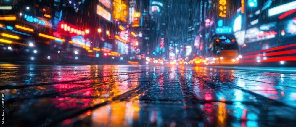 Obraz premium Rainy Night in the City: Vibrant Reflections on Wet Pavement
