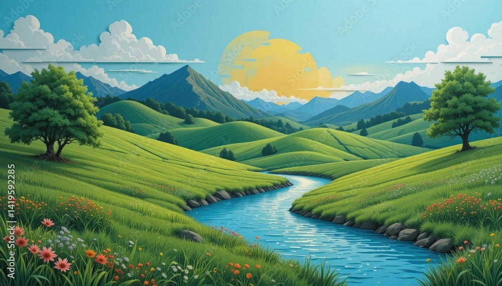 Obraz premium Tranquil river flowing through lush green hills at sunrise nature scene vibrant landscape serene viewpoint outdoor beauty