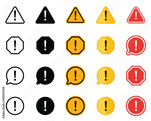Caution alarm set, danger sign collection, attention vector icon, yellow, red and black fatal error message element, exclamation mark of warning attention icon