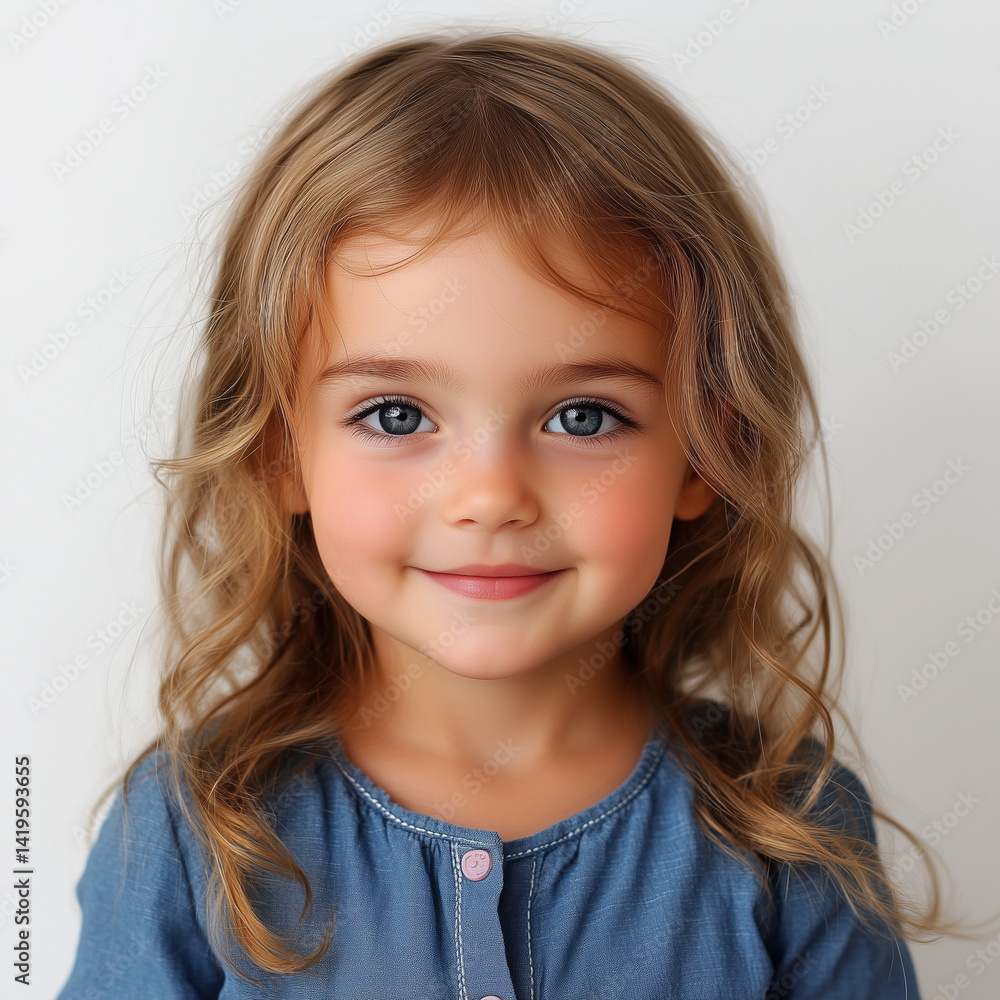smiling little girl with wavy hair and blue eyes, wearing blue shirt, radiates joy and innocence against white background. Her cheerful expression captures essence of childhood smiling little girl with wavy hair and blue eyes, wearing blue shirt, radiates joy and innocence against white background. Her cheerful expression captures essence of childhood
