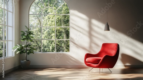 Red chair and potted plant in sunlit modern living room