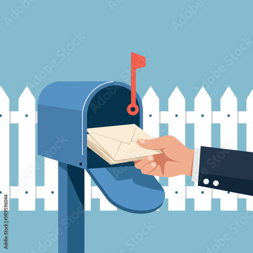Blue mailbox receiving letter with red flag outdoors near white picket fence flat design vector illustration