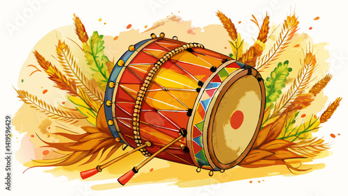 Very beautiful Watercolor painting of a dhol drum decorated with tassels and wheat stalks around it art illustration
