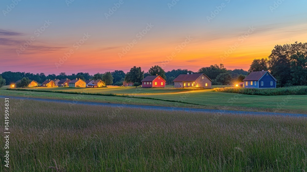Fototapeta premium Scenic sunset over tranquil village with colorful houses and fields
