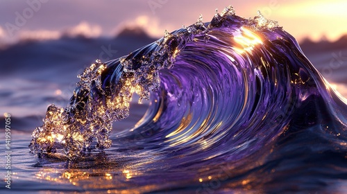 Hyper-realistic liquid metal waves with reflective surfaces, in purple and gold color, movie-level lighting effects, and high-detail 3D rendering, showing the Behance popular style.