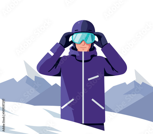 Male skier in purple winter jacket adjusting goggles snowy mountain landscape flat style vector illustration