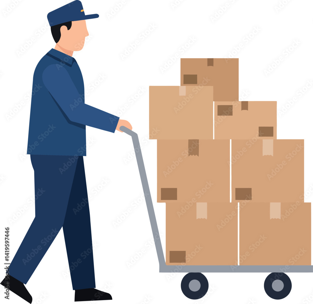 Delivery worker in blue uniform pushing hand truck with stacked cardboard boxes flat vector illustration Delivery worker in blue uniform pushing hand truck with stacked cardboard boxes flat vector illustration