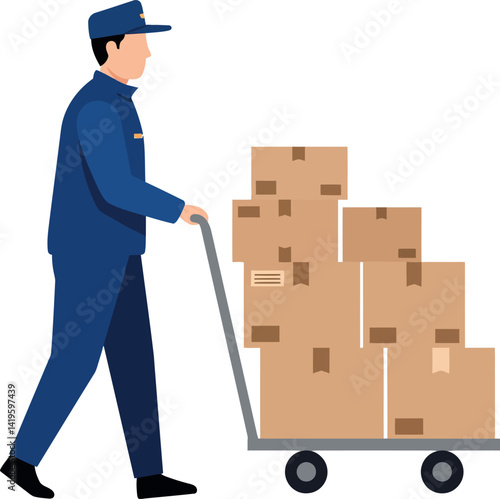 Delivery worker pushing cart loaded with cardboard boxes in flat minimal vector art