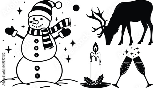 Christmas silhouettes featuring a snowman, grazing deer, candle with holly, and clinking champagne glasses