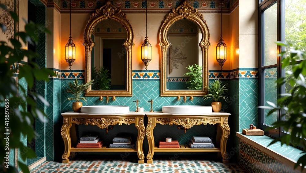 Moroccan bathroom with intricate tiles and arched mirrors.