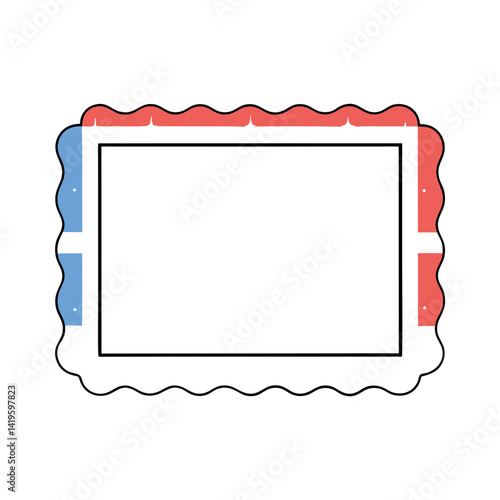 decorative frame with wavy edge, featuring red and blue accents on top and bottom, perfect for showcasing photos or artwork. Isolate on white background, commercial use