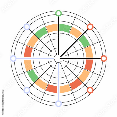 Colorful radar chart with circular design and various segments representing data points, showcasing modern aesthetic. Isolate on white background, commercial use
