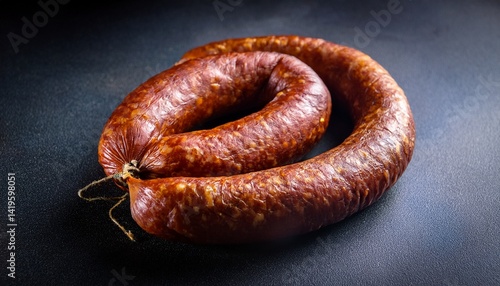 Appetizing smoked pork sausage on a dark background