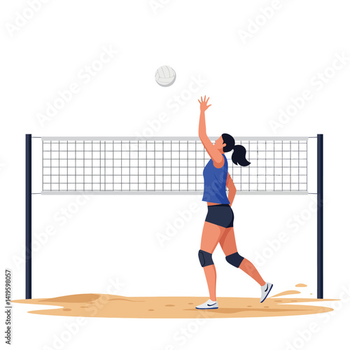 Female volleyball player serving ball on sand court in minimal flat design vector illustration