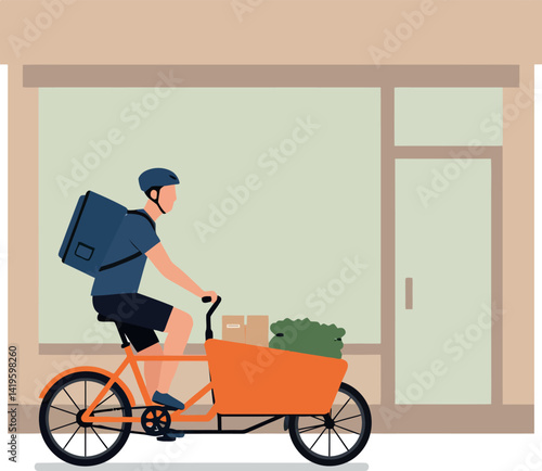 Delivery man riding orange cargo bicycle with packages in front of storefront flat design vector illustration