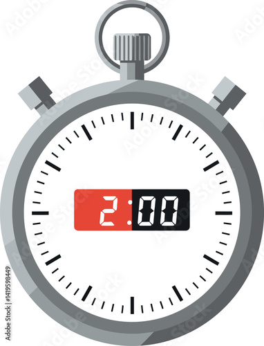 Stopwatch timer showing two minutes in flat minimal style with digital and analog display vector illustration