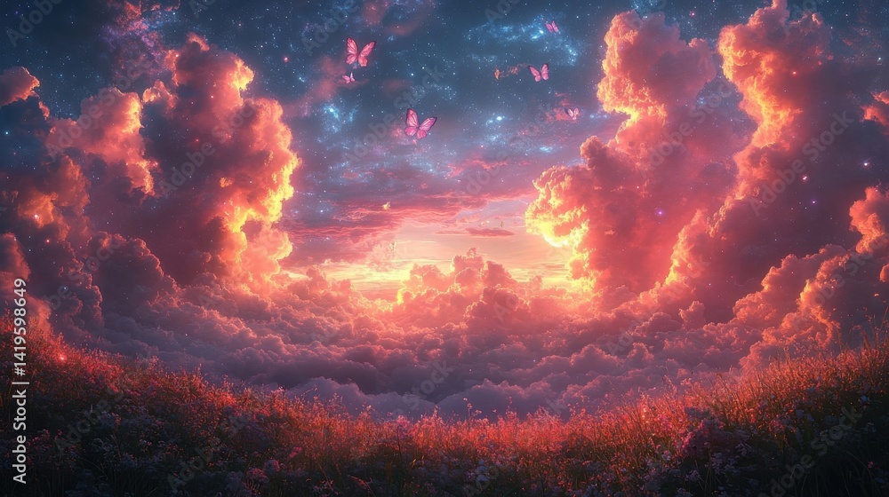 Fototapeta premium Dreamy Sunset Sky With Glowing Clouds and Sparkling Stars in the Night