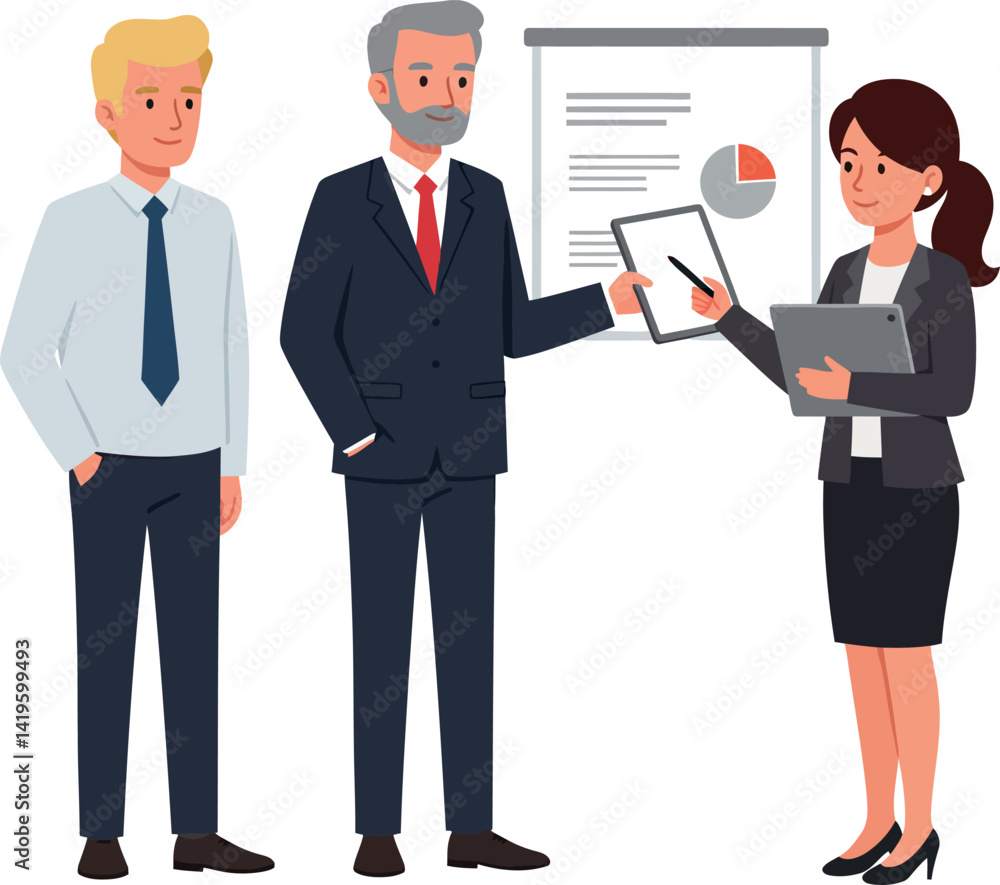 Business professionals in formal attire discussing presentation with charts flat design vector illustration Business professionals in formal attire discussing presentation with charts flat design vector illustration