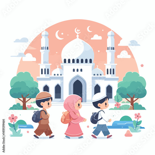 vector image of children going to mosque