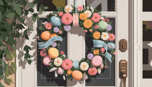 Colorful Easter wreath with flowers and pastel eggs in a cheerful mood adorning a door