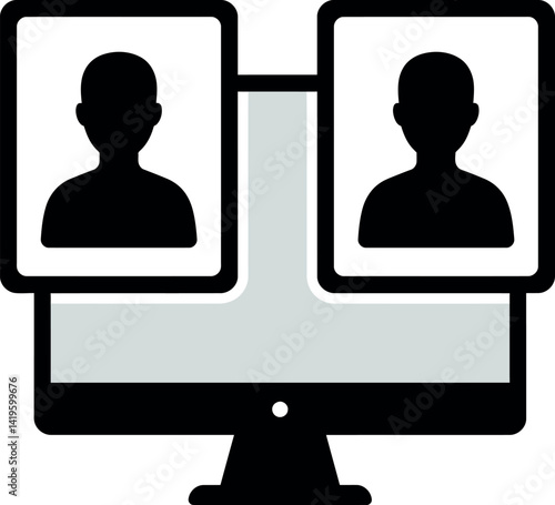 Computer monitor with two user profile silhouettes connected by lines flat minimal vector illustration