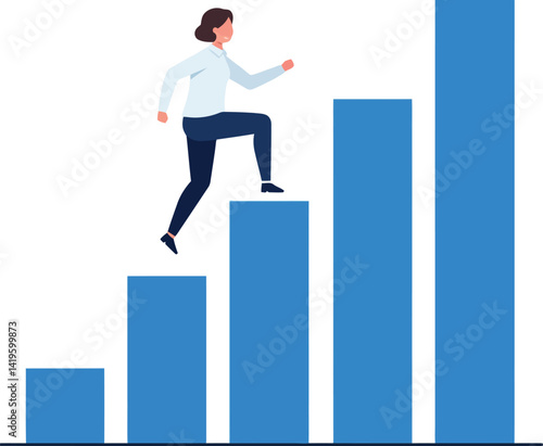 Woman climbing ascending blue bar chart steps in flat design style business growth vector illustration