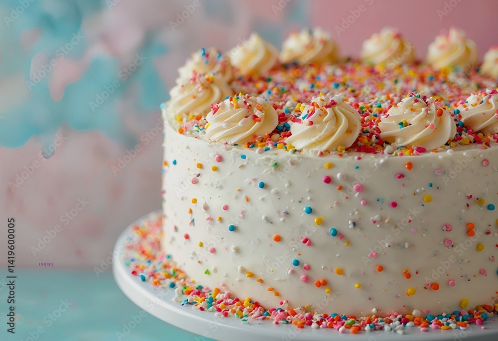 a beautifully frosted vanilla cake is covered in colorful sprinkles and topped with swirls of buttercream against a soft pastel background. a beautifully frosted vanilla cake is covered in colorful sprinkles and topped with swirls of buttercream against a soft pastel background.
