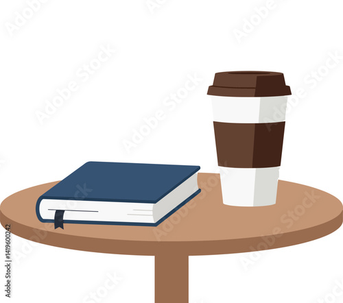 Coffee cup and closed book on round wooden table flat design minimal vector illustration