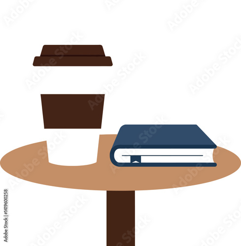 Coffee cup with lid and sleeve next to closed blue book on round wooden table flat minimal vector illustration