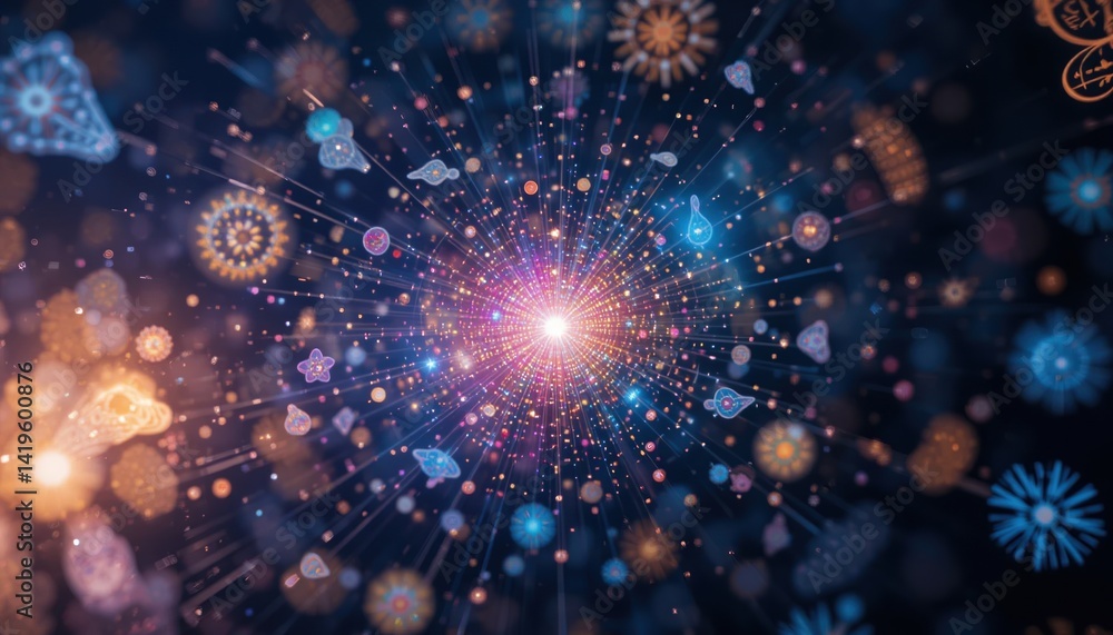 Naklejka premium Dynamic cosmic explosion space abstract art vibrant colors aerial view energy and creation