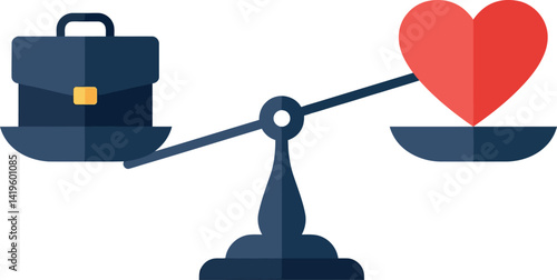 Business briefcase and red heart balanced on a seesaw scale flat design vector illustration