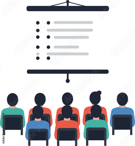 Group of people attending presentation with projector screen flat design vector illustration