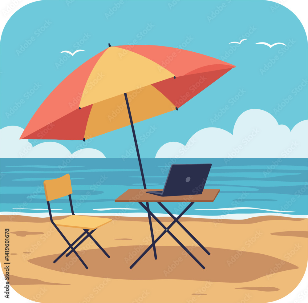 Laptop on wooden table under red and yellow umbrella with chair on sandy beach flat vector illustration Laptop on wooden table under red and yellow umbrella with chair on sandy beach flat vector illustration