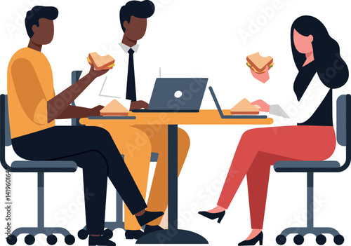 Three diverse coworkers eating sandwiches and working on laptops in modern office flat design vector illustration