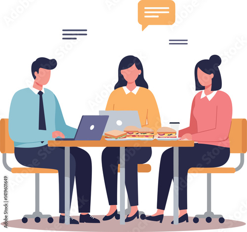 Three business people working together at table with laptops in flat minimal vector illustration