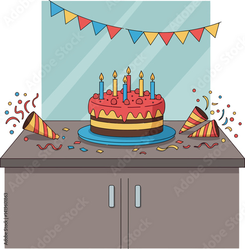 Birthday cake with lit candles on table with party hats and colorful flags flat design vector illustration