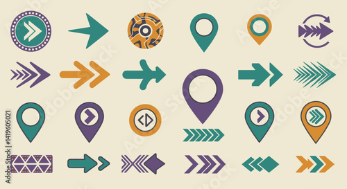 Collection of retro style arrows and map pointer icons in various designs and colors on a beige background