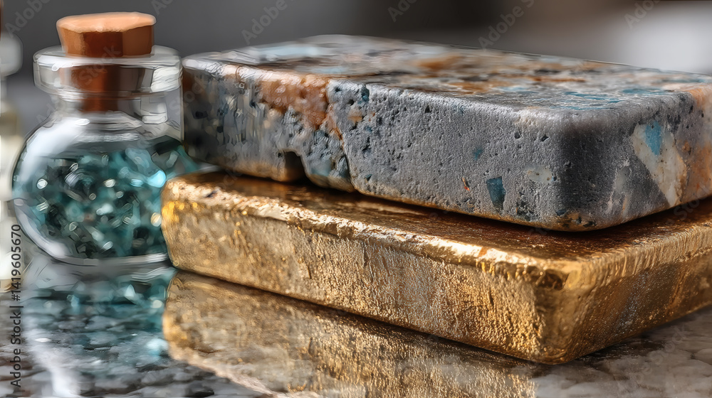 Elegant Stacked Decorative Boxes with Glossy Surface and Jar of Glass Beads Elegant Stacked Decorative Boxes with Glossy Surface and Jar of Glass Beads