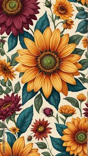 Wallpaper Mural Vibrant floral pattern with sunflowers and dark burgundy blossoms. Cheerful, botanical design perfect for backgrounds or summer themes. Torontodigital.ca