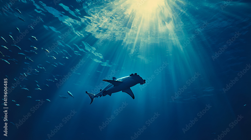 Naklejka premium A Hammerhead shark hunting in deep blue waters, its distinctive shape silhouetted against the backdrop of a school of small fish, with sunlight filtering through the water