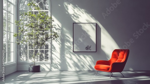 Light streams through windows illuminating interior plant and furniture