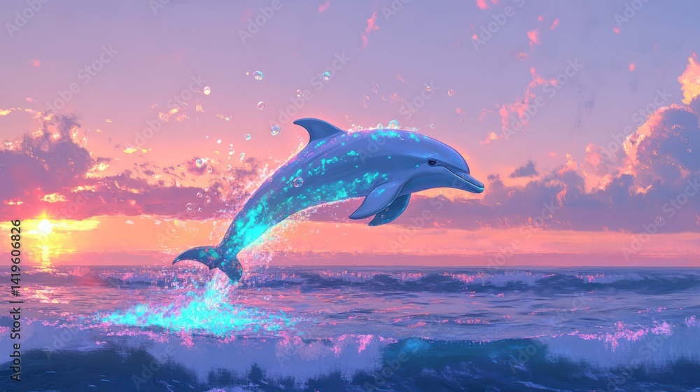 Fototapeta premium Dolphin leaps at sunset, ocean waves, peaceful sky, fantasy art, desktop wallpaper