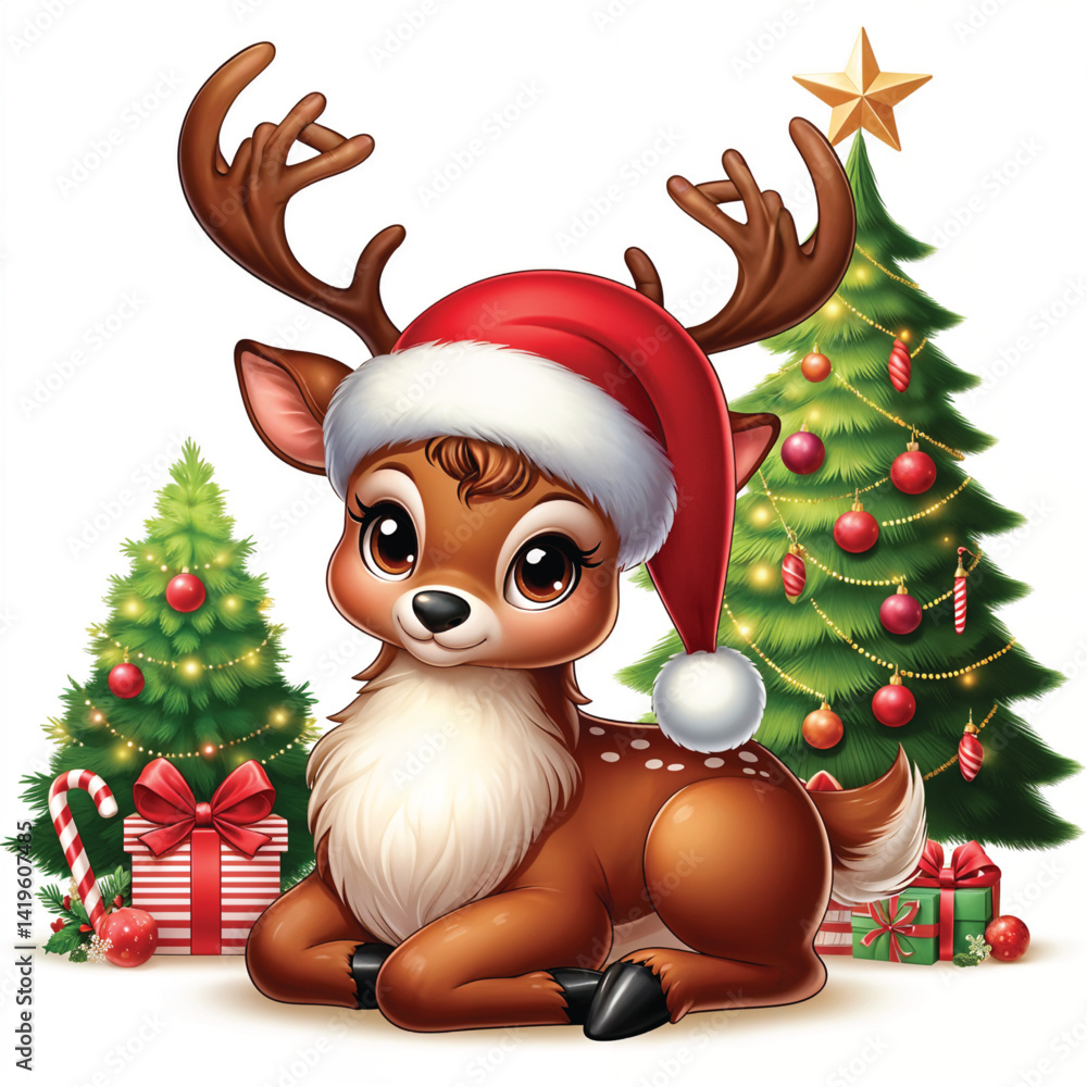 Christmas Reindeer with Santa Claus hat Cartoon Vector Illustration isolated Christmas Reindeer with Santa Claus hat Cartoon Vector Illustration isolated