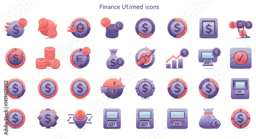 Finance Icons Set with Money Symbols for Business and Investment in Gradient Style
