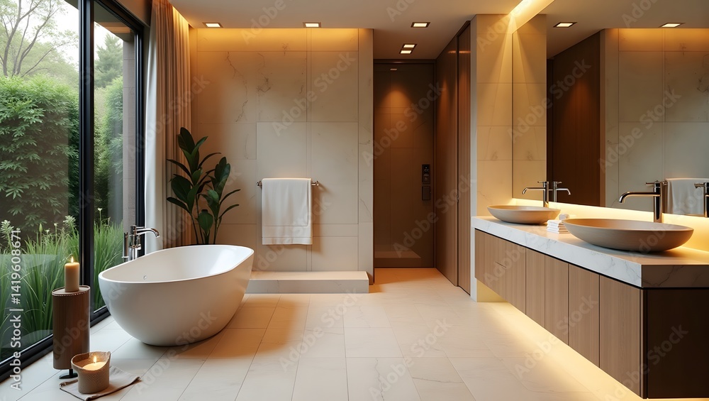 Spa-inspired bathroom with natural stone and calming lighting.