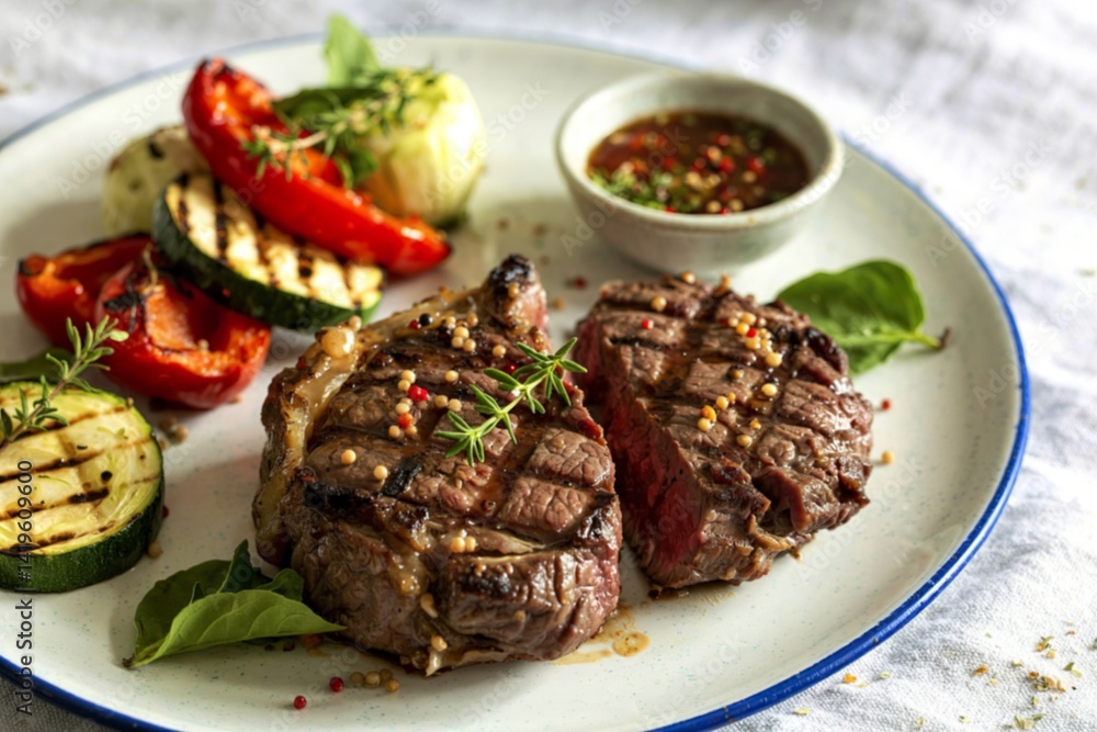 A photo of a plate with a roasted steak and grilled vegetables A photo of a plate with a roasted steak and grilled vegetables