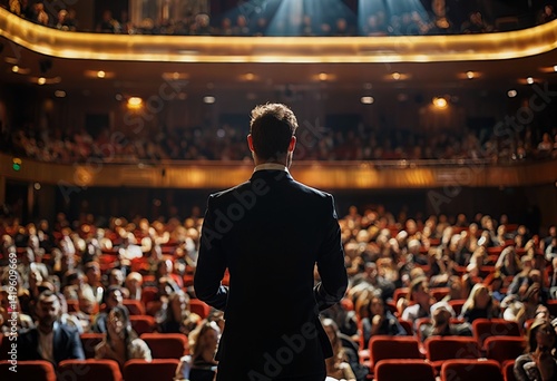 a man in a suit stands with his back to the viewer, facing a packed theater with blurred audience members and a glowing stage.