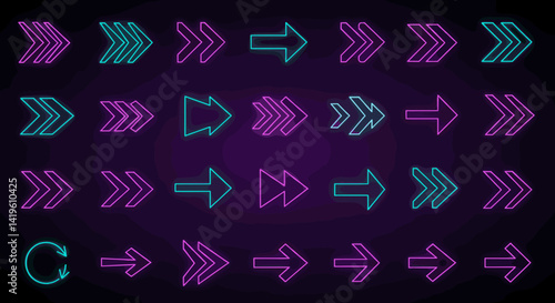 Glowing Neon Arrows Pointing Right in a Row Pattern on Dark Background, Directional Futuristic Navigation