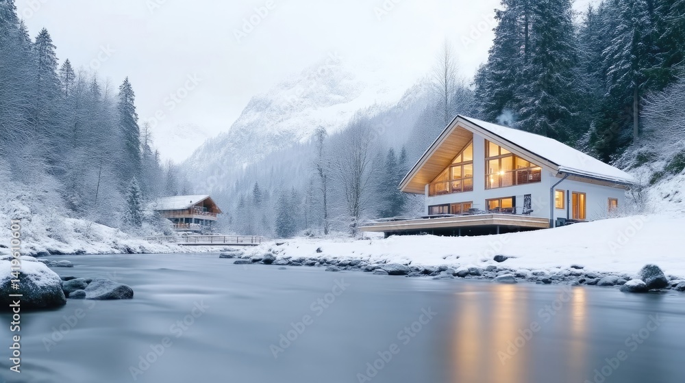 Cozy mountain chalet nestled by a winter river Cozy mountain chalet nestled by a winter river