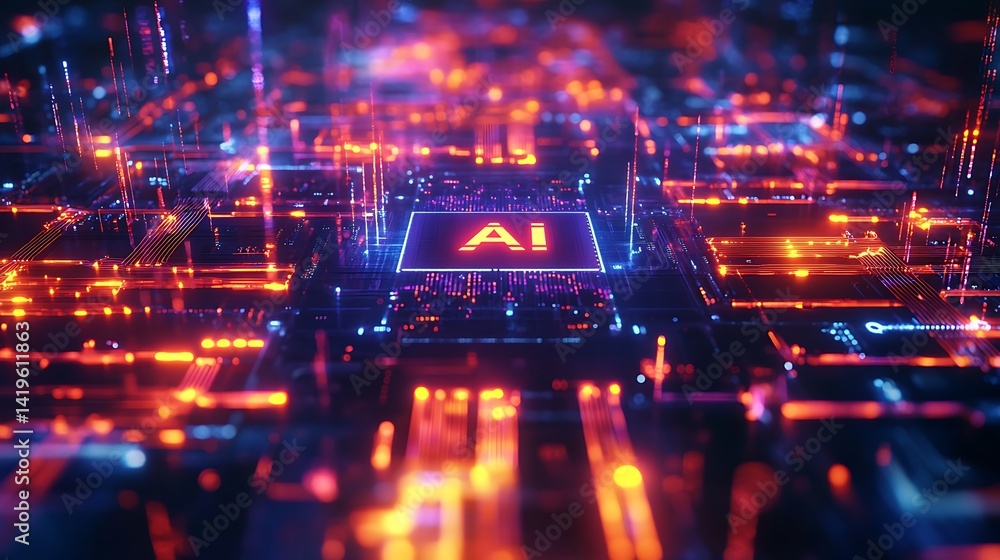 Abstract depiction of a futuristic digital landscape showcasing AI technology with glowing circuits Abstract depiction of a futuristic digital landscape showcasing AI technology with glowing circuits